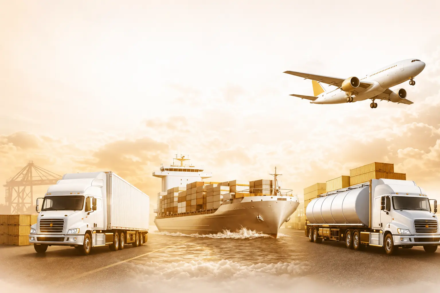 Cargo plane, cargo ship, and freight trucks representing Dahim Global Logistics multimodal freight services