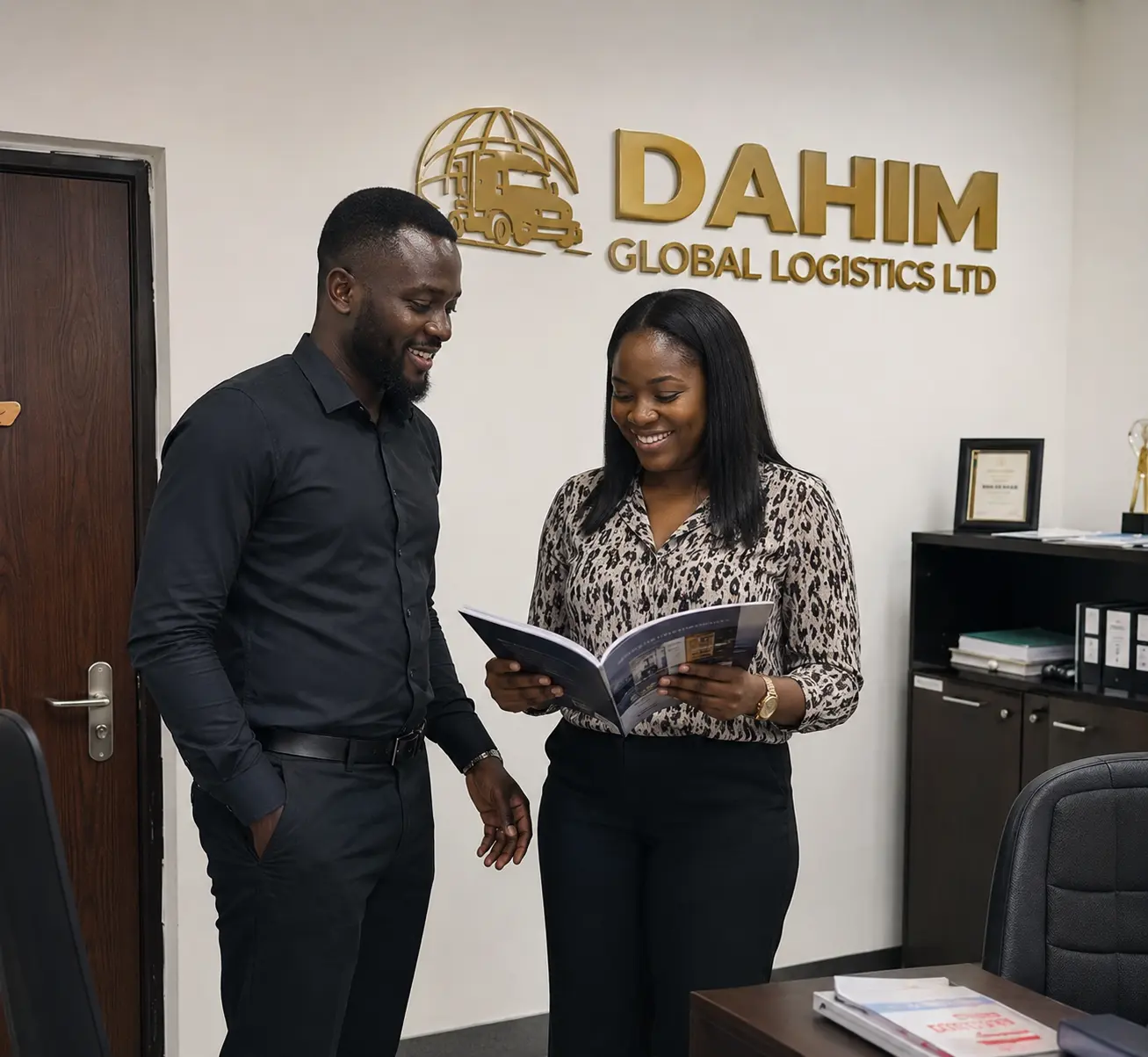 Dahim Global Logistics team members reviewing documents at the company office